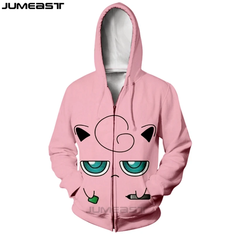 Jumeast, Новое поступление, мужские/женские толстовки на молнии с 3D принтом, пуловеры для джиггглипуфа, куртка с покемоном, Повседневная Толстовка