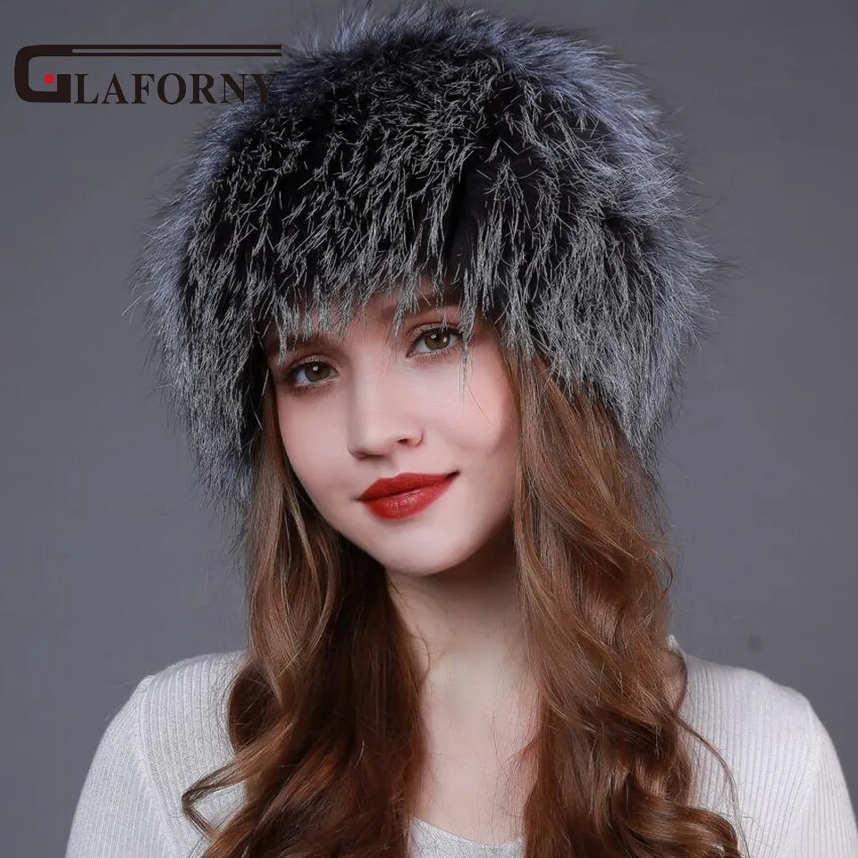 Glaforny Новое поступление вязаные шапки из меха серебристой лисы женские зимние