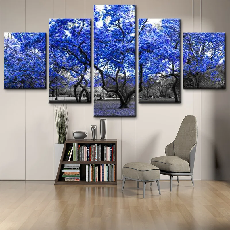 Современный домашний декор черно белый фон синее дерево Пейзаж Плакат HD печать 5