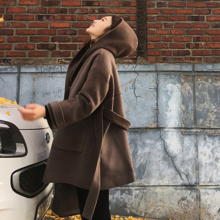 Офис леди с капюшоном длинные шерстяные пояса для пальто однобортный Полушерстяное пальто и куртка свободные женские пальто осень зима