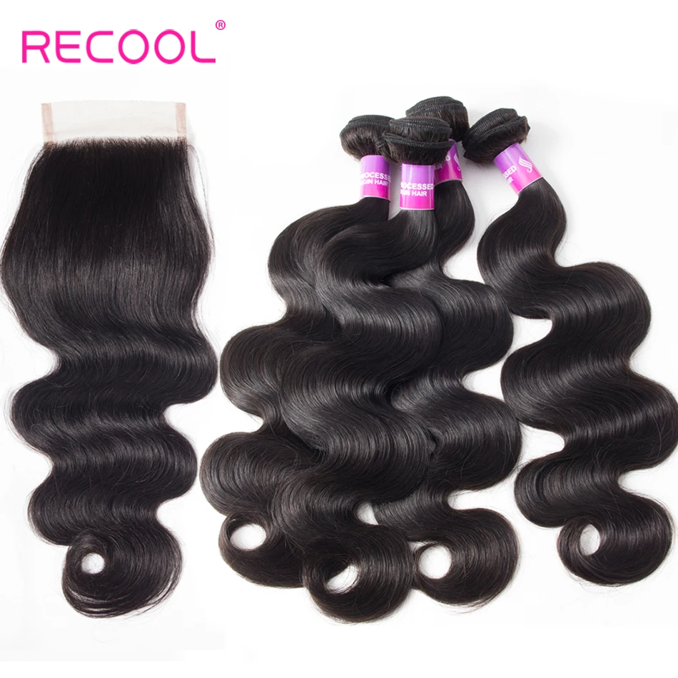 Recool волосы 4 пряди с закрытием малазийские объемные волнистые 100% Remy натуральные