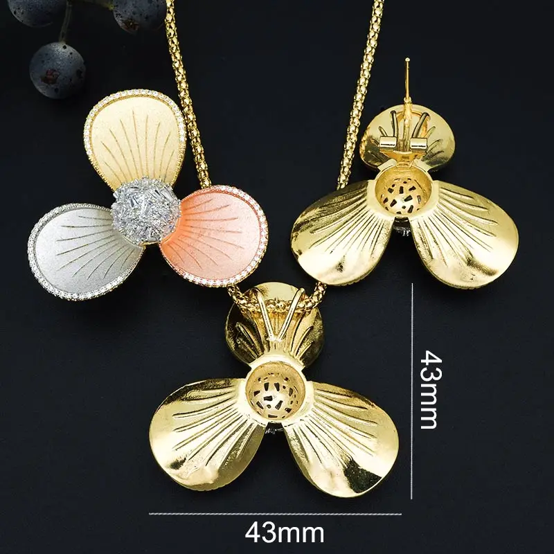ModemAngel Elegant 3 Tone Gold Flower Earring Necklace Jewelry Set for Women Engagement Wedding Party Gift Fashion | Украшения и