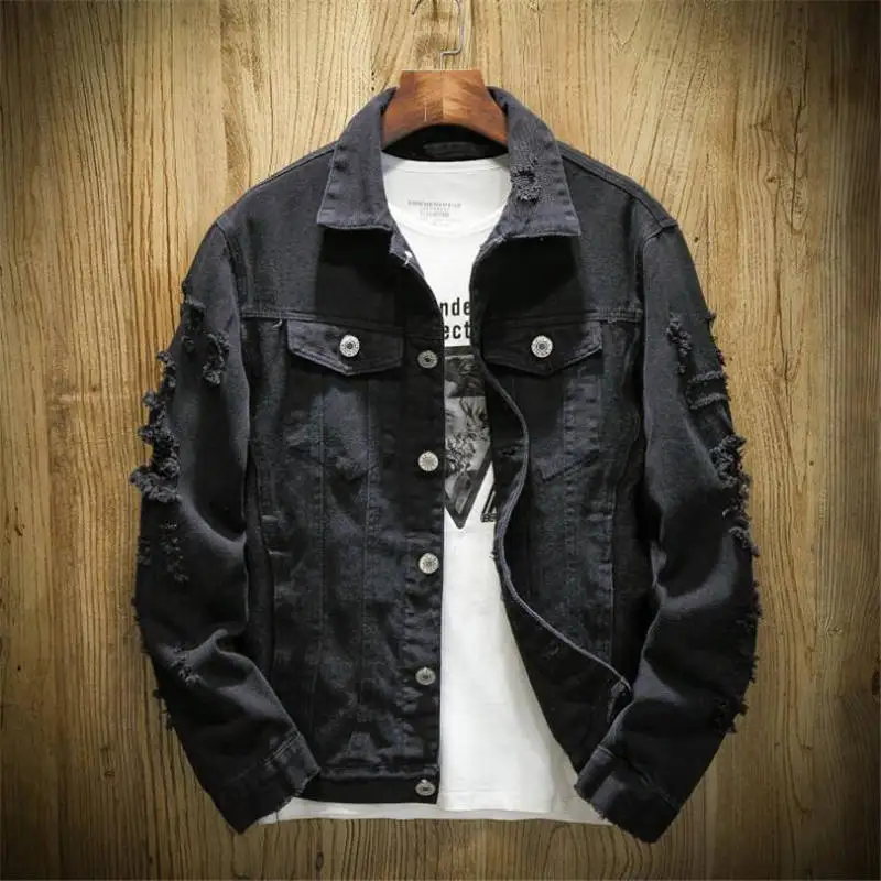 

Men's Jean Jacket Slim Fit Male Denim Jacket Solid Hole Jean Coats Man Cowboy Fashion Brand Clothing Hip Hop Sudaderas Mujer