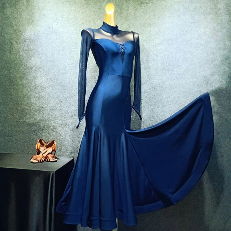 Blue Dress Новые платья для конкурса бальных танцев элегантное платье для вальса черное/красное/синее платье с длинным рукавом женские платья для бальных танцев VDB503 - Цвет: Blue Dress