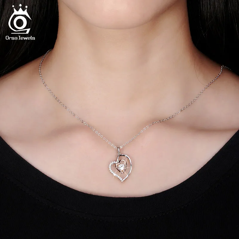 ORSA JEWELS 925 серебро женское колье-подвеска с AAA циркон Романтический сердечный кулон серебряные свадебные украшения подарок OSN15