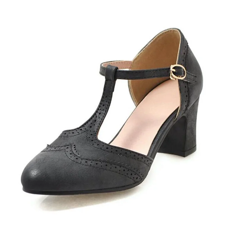 Женские винтажные туфли лодочки с Т образным ремешком на массивном высоком