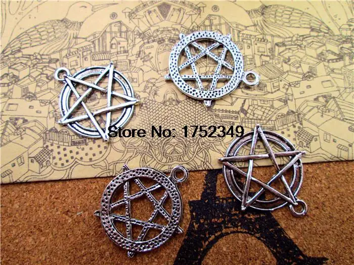 

10 PCS Antique Silver Pentacle Star Circle Pendants, Pentagram Charms, Jewelry Making Findings 28x30mm