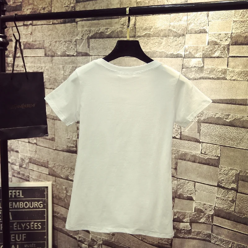 

Chic O-Neck Handmade Cartoon Duck Pattern Sequins Slim Tees 3D Flowers Beading T-shirts Short-sleeved Pearls Tops