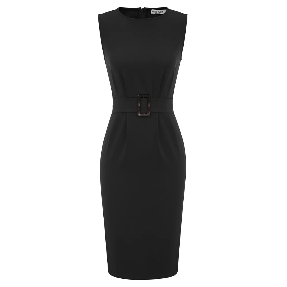 GK slim dresses Women Sleeveless crew collar Belt Decorated Back Split Hips-Wrapped Bodycon dress Pencil fit sexy elegant Dress