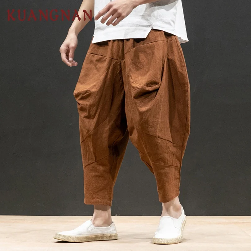 Coffee KUANGNAN Japan Style Linen Wide Leg Pants Men Jogger Japanese Streetwear Joggers Men Pants Hip Hop Trousers Men Pants - Цвет: Coffee
