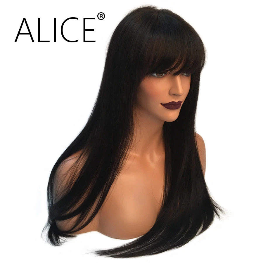 Алиса 250 Плотность фронта шнурка человеческих волос парики с челкой
