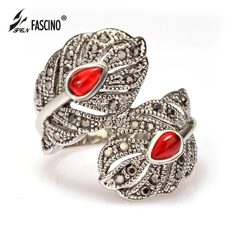 2016 New Anel Vintage Peacock Feather Big Ring Antique Silver Plated Stone Rhinestone Rings For Women Fashion Jewelry (AL810009) | Украшения