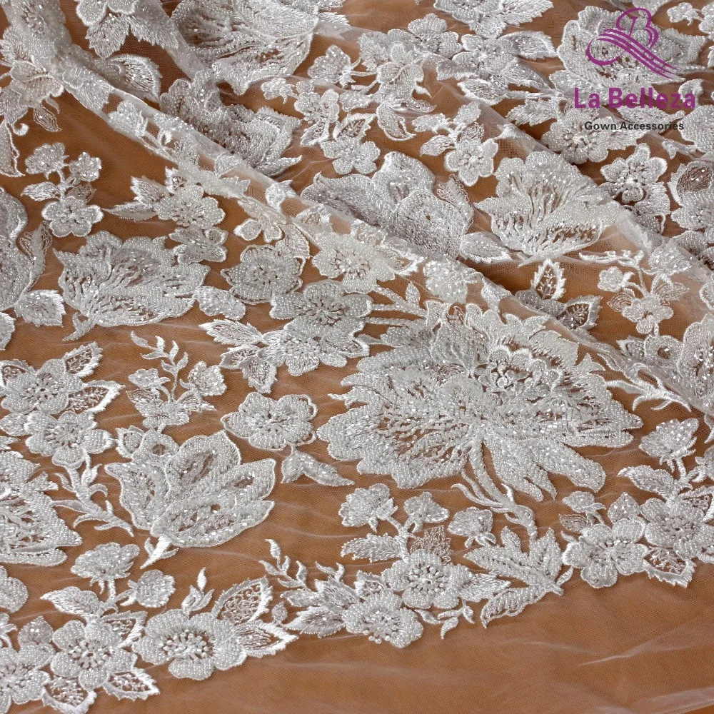 La Belleza Новое тяжелое вышитое бисером свадебное платье кружевная ткань off white beads блестки кружевная ткань большие цветы узор кружева 1 ярд