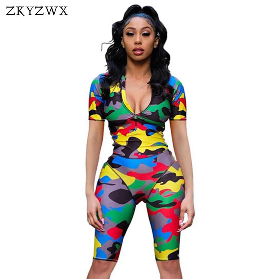 ZKYZWX Camo уличная одежда Облегающий комбинезон короткий рукав передняя молния