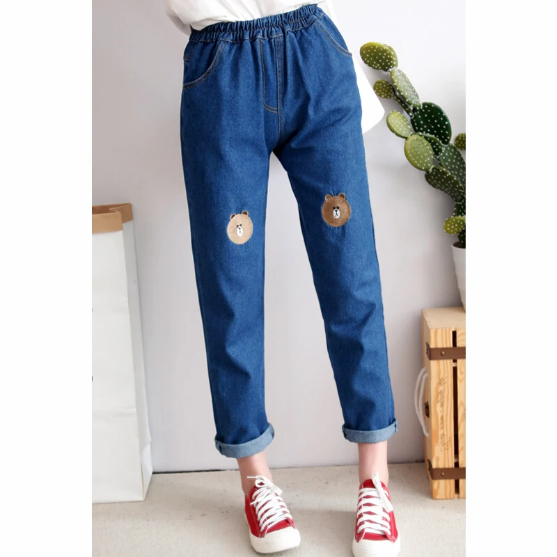 Новинка осени 2017 года свободные женские джинсы с высокой талией брюки вышивкой