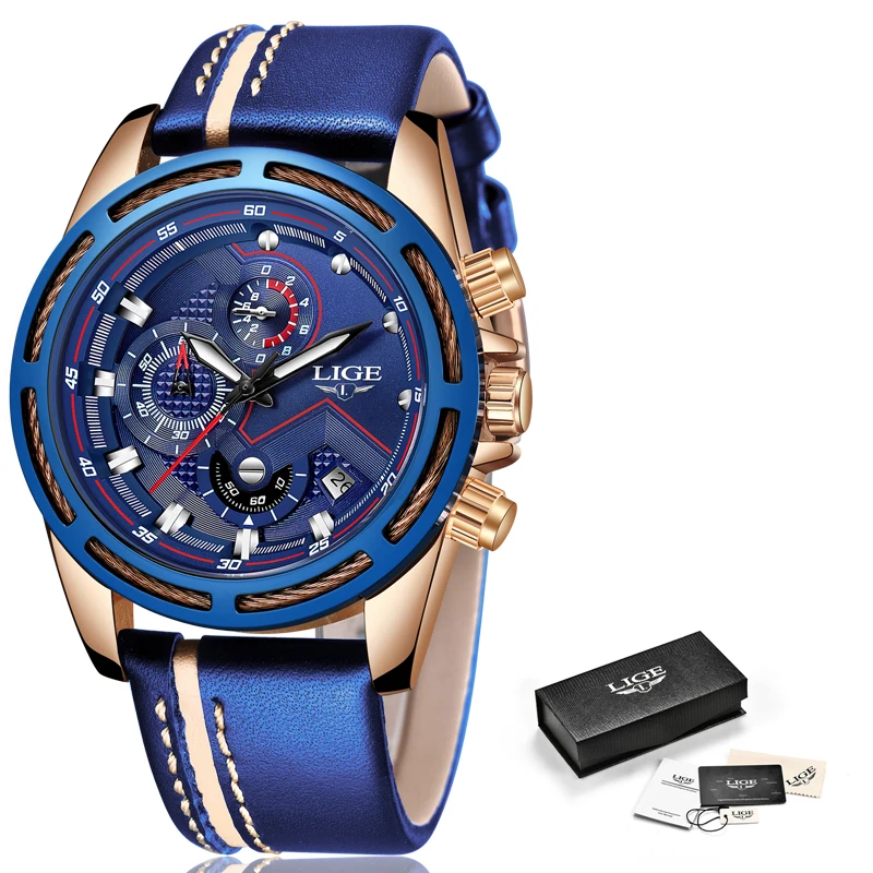 LIGE новые синие кожаные мужские часы Лидирующий бренд Роскошные модные кварцевые