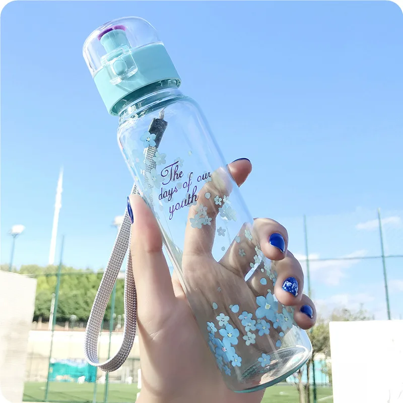 Blue 250 мл модная Милая вишневая бутылка для воды из тонкого стекла для девушек и женщин, чашка для путешествий, фруктовый стакан для лимонного сока, чайник для молока - Цвет: Blue