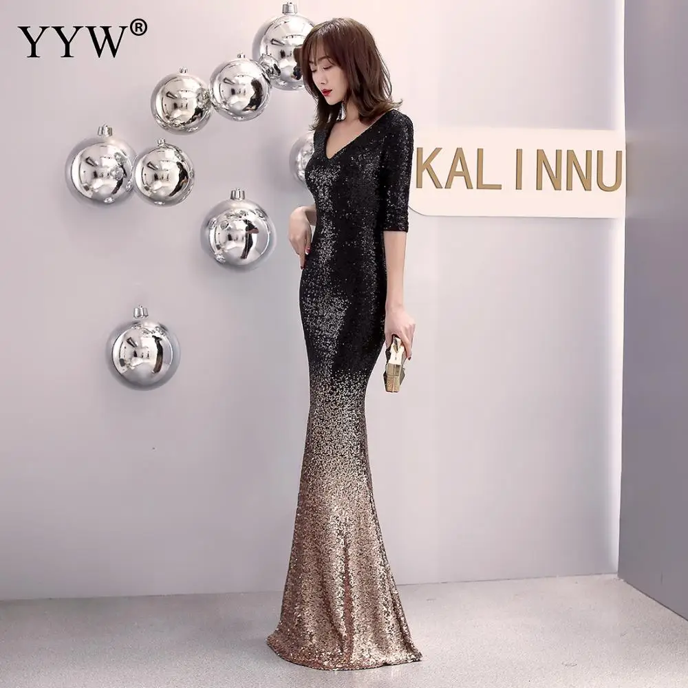 Fashion Long Evening Dresses Vintage Sequin Gradient Mermaid Dresses Women V Neck Half Sleeve Elegant Formal Club Party Vestidos