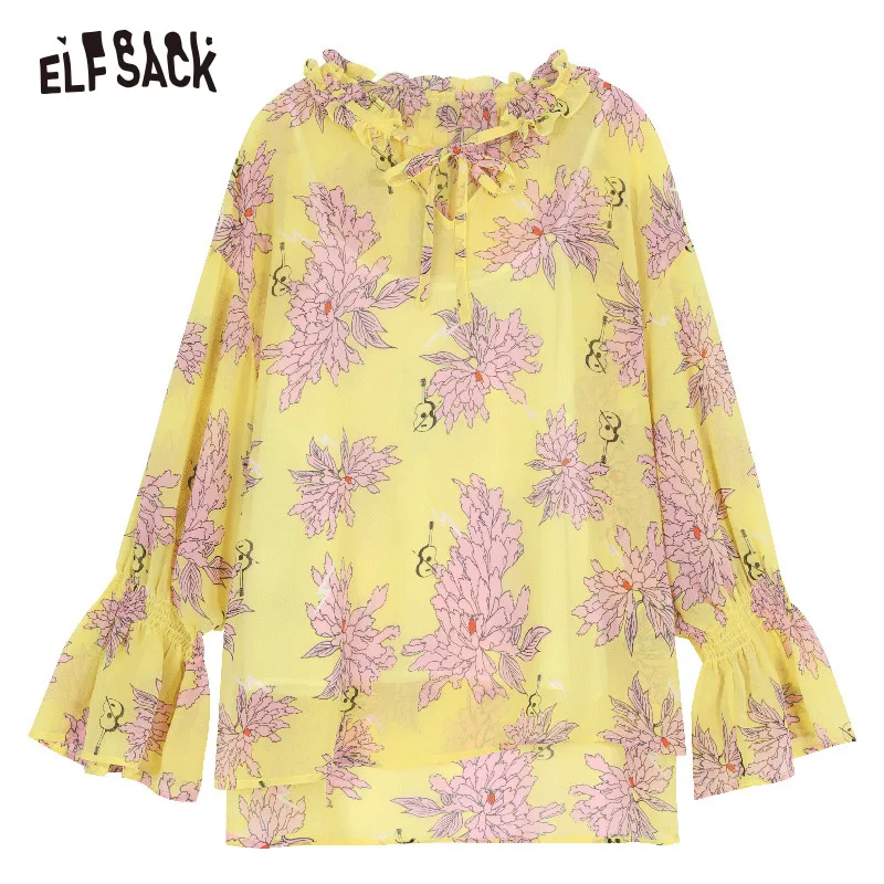 

ELFSACK Vintage Floral Print Women Blouses Fashion Ruffles Butterfly Sleeve Female Shirts 2019 Summer V-Neck Lace up Tops