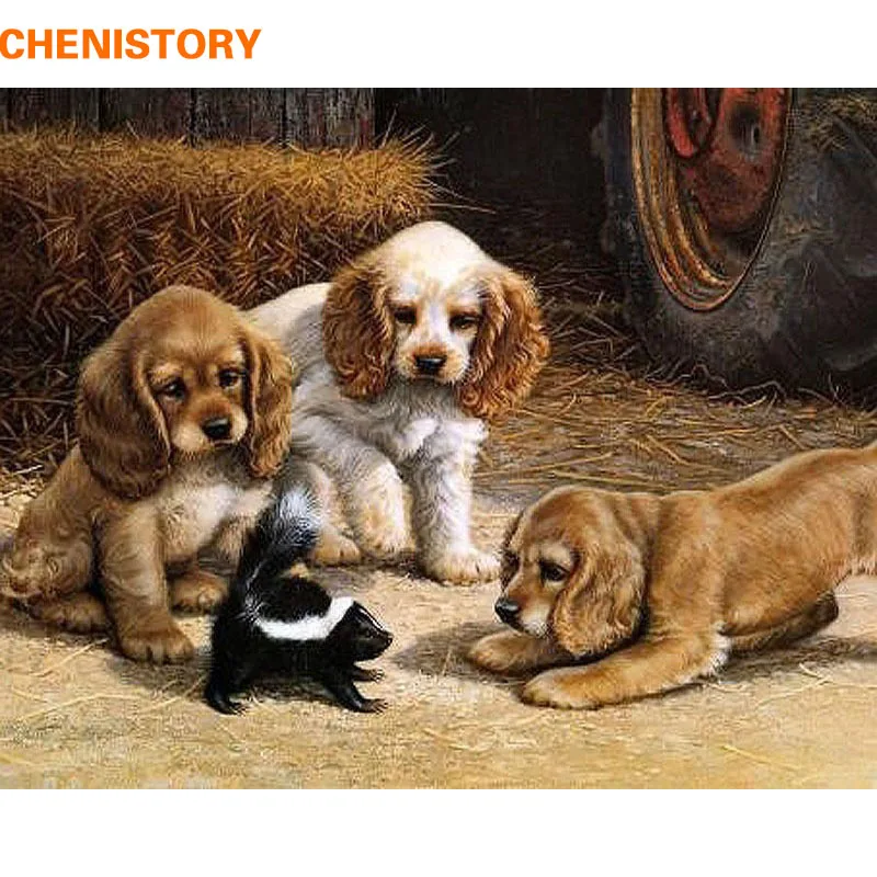 

CHENISTORY Dogs Play The Games DIY Digital Oil Painting By Numbers Color Kit Paint On Canvas With Wooden Frame For Children Gift