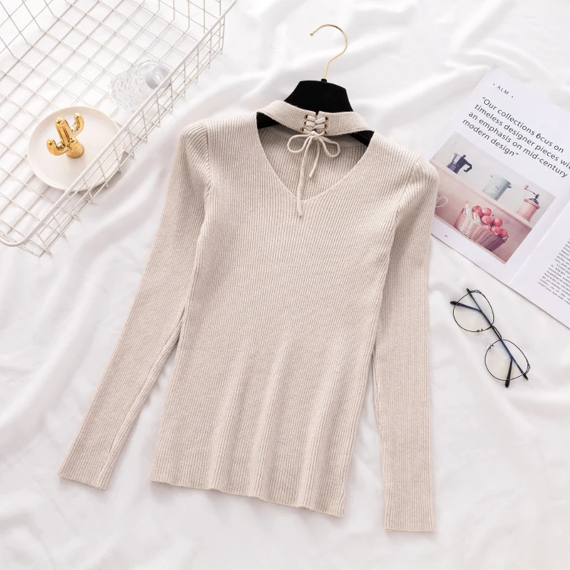 AOSSVIAO 2021 Casual Spring Women Slim Sweater Winter Knitted Lace Up Long Sleeve Knitting Pullover Womens Sweaters | Женская одежда