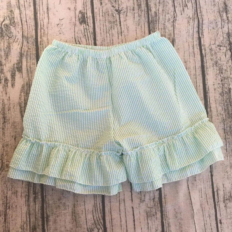 

baby boutique wholesale cotton baby double ruffle shorts girls tender green stripe design seersucker double ruffle shorts