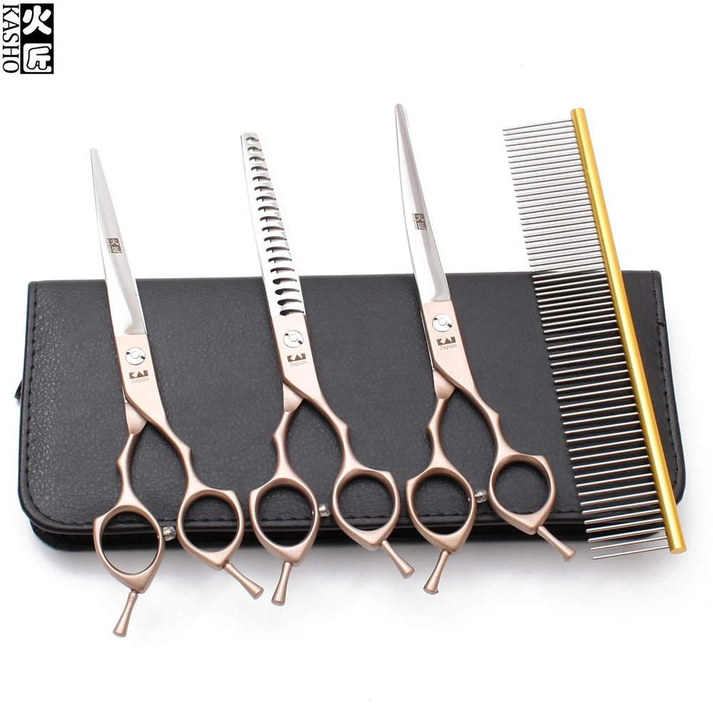 4Pcs Suit 6.5&quot JP 440C Kasho Comb+Straight+Thinning Shears+Up Curved Shears Professional Grooming Scissors Pet Set H3009 | Красота и