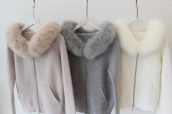 classic real fox fur hooded collar women fashion zip-up sweatshirts coat wool rabbit hair blend knitted one size