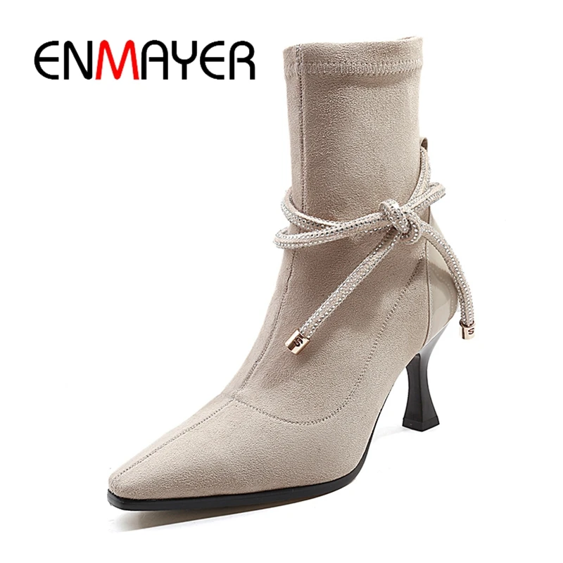 

ENMAYER Pointed Toe Basic Cow Suede Thin Heels Ankle Boots for Women Shoes Woman Zapatos De Mujer Size 34-42 ZYL1797