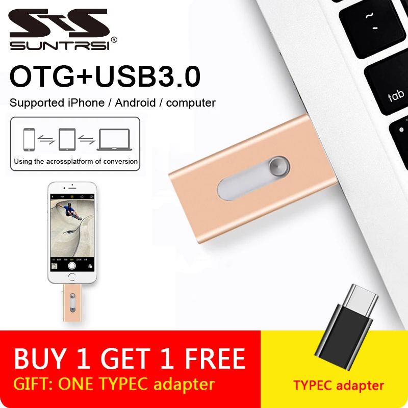 Suntrsi USB флэш накопитель флэшка OTG 64 Гб Высокое Скорость 3 0 реальные Ёмкость металла