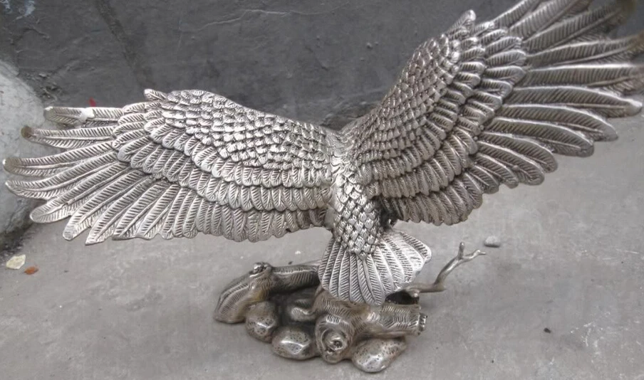 Free shipping R0722 Details about 8&quot Chinese silver carved fine spread the wings eagle Sculpture statue | Дом и сад