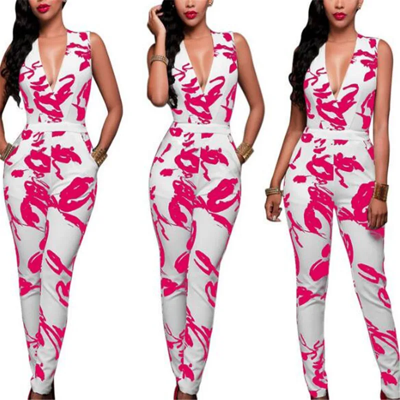 Женский клубный комбинезон с принтом облегающий длинный без рукавов для