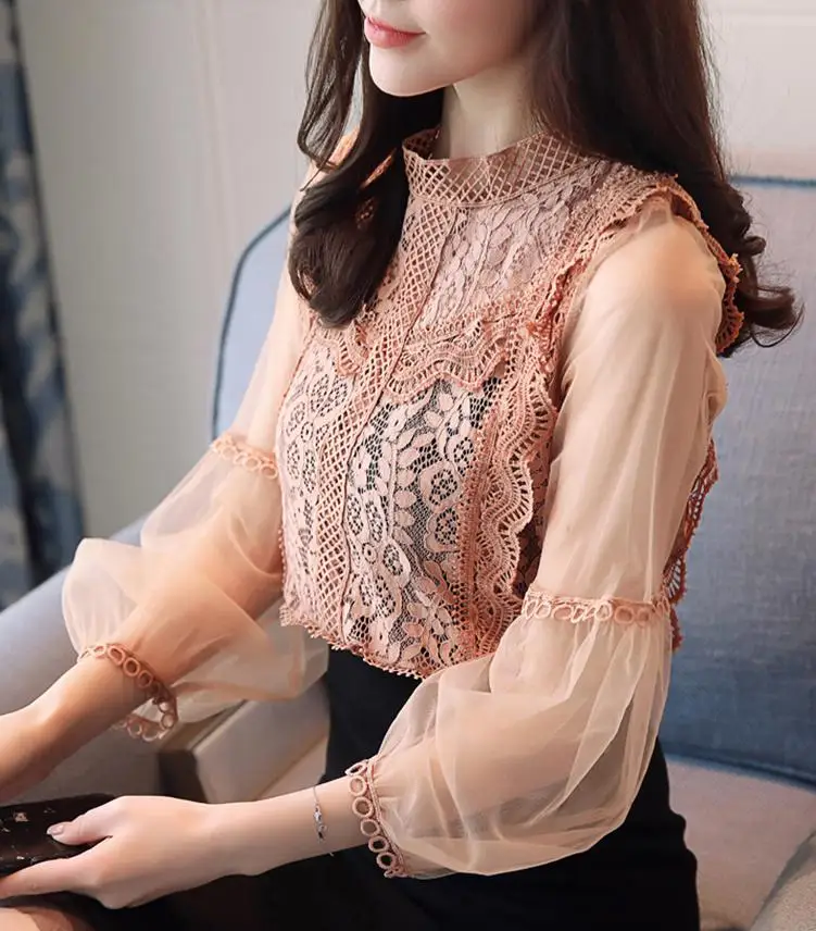 

Autumn Spring Fashion Women Lace Patchwork Lantern Sleeve Stand Collar Chiffon Blouse , Sweet Ladies Loose Xxl Designer Blouses