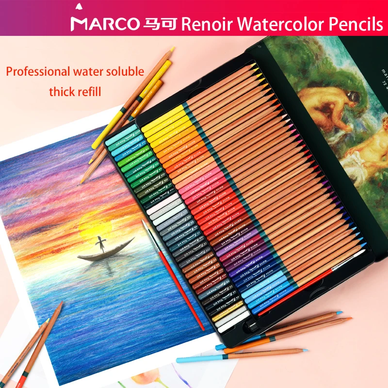 

Marco Renoir Watercolor/ Water soluble Pencils 24/36/48/72 color Prismacolor Soft Core Fine Art Pro Supplies Tin Set For Draw