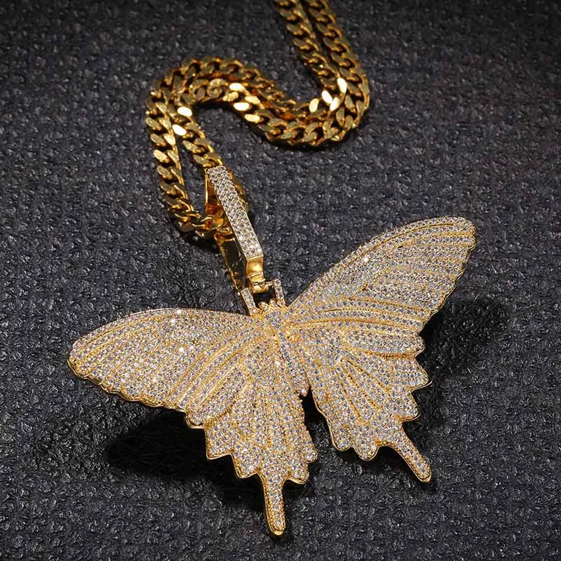 Хип хоп микро проложить AAA кубического циркония Bling льдом из животных Бабочка подвески ожерелья для мужчин рэппер ювелирные изделия золото серебро черный