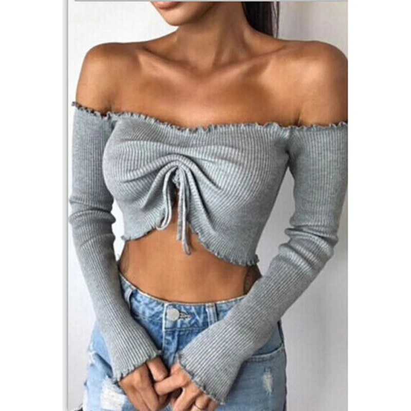 Women Blouse Female Casual Long Sleeve T blouse Solid Sexy Tops Tees For Lady And Girls Slash Neck Lace-Up Spring |