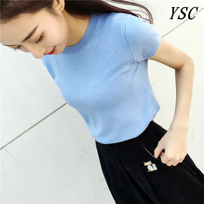 

YSC New Design Cashmere blend Pullovers Pleasantly Short Round collar paragraph Short sleeve Shirt High-quality Free Shipping