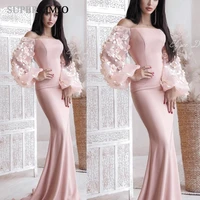 superkimjo flare sleeve pink evening dresses long 2020 3d flowers off the shoulder mermaid arabic evening gown robe de soiree