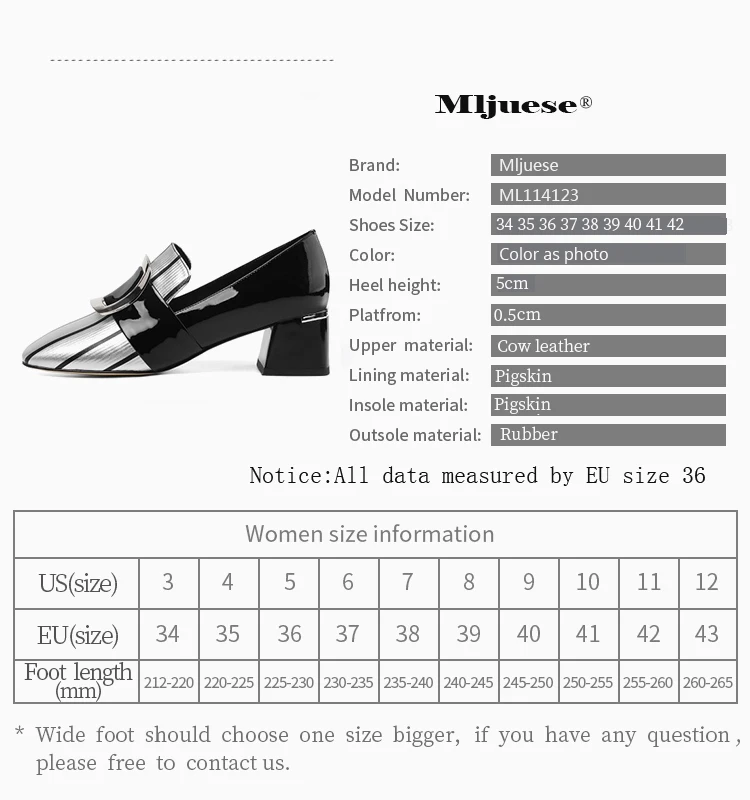 MLJUESE/; женские туфли-лодочки из коровьей кожи; сезон осень-весна; женские туфли на высоком квадратном каблуке с металлическим украшением серебристого цвета; размеры 34-42