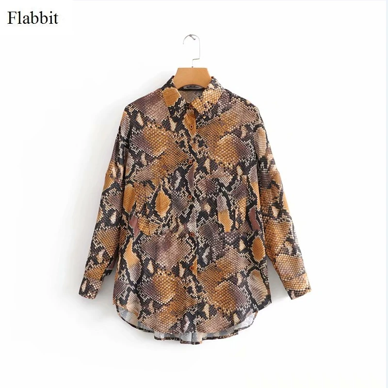 Flabbit женские стильные змеиной кожи print smock блузки отложной воротник карман
