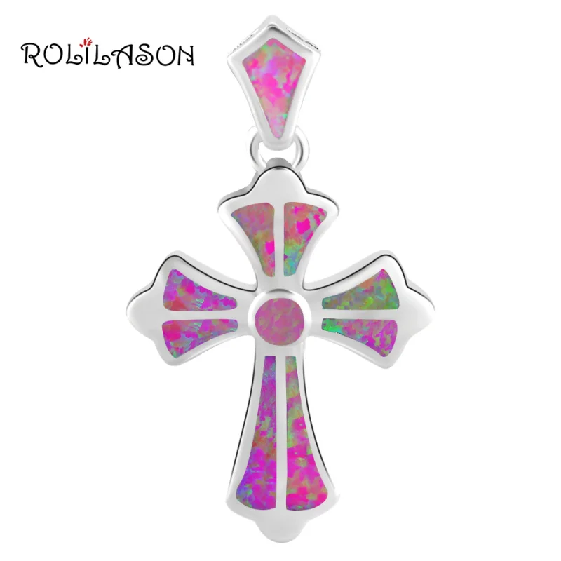 ROLILASON women cross design White Fire Opal Silver Stamped charm Pendant Health Fashion jewelry OPs699 | Украшения и аксессуары