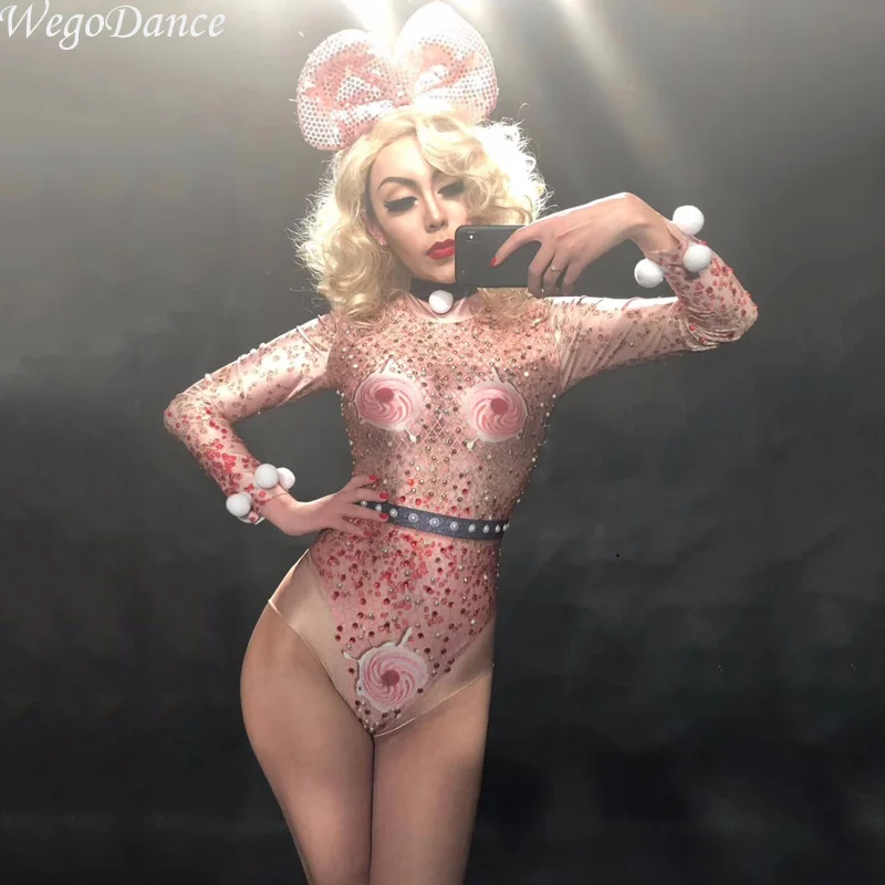 

Sexy Jumpsuit Sparkly Bodysuit Stage Wear Women's Celebrate Female Singer Crystals One Piece Costume Outfit