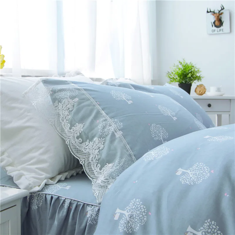 Роскошные Синие кружевные комплекты постельного белья 100% хлопок двойной полный