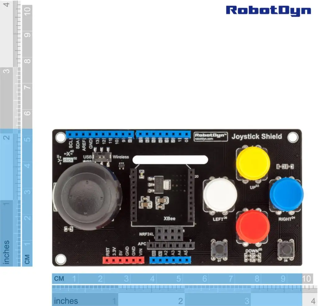 

Joystick Shield with wireless adapter (xBee, APC200, NRF24L) for Arduino Uno, Mega (assembled)