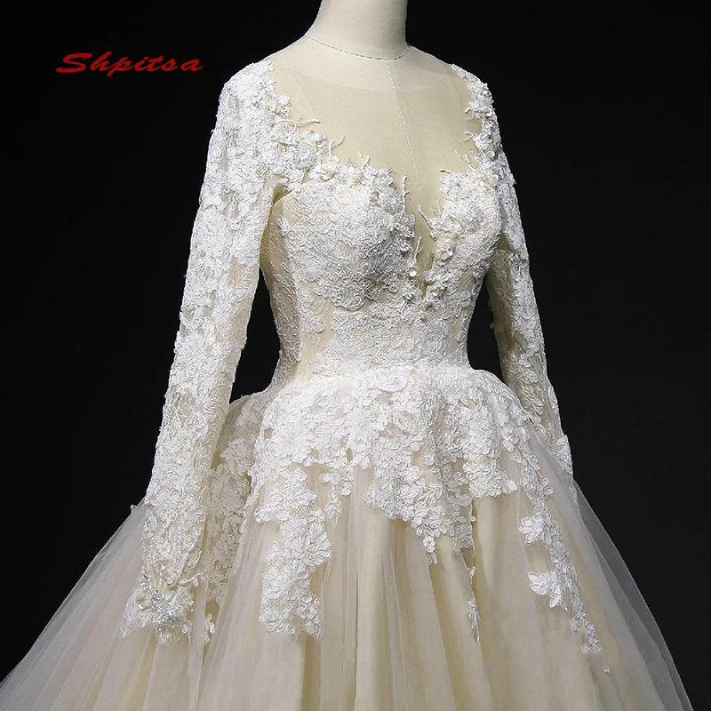 Элегантное кружевное свадебное платье с длинным рукавом винтажное бальное