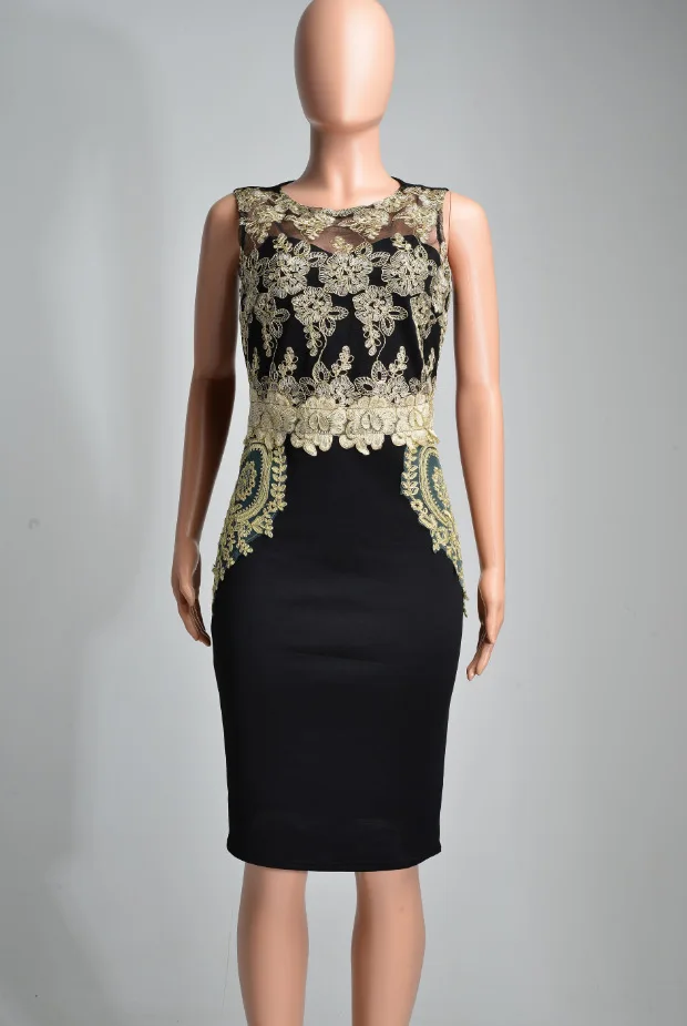 Черный Кружево цветочный сетки лоскутное офис карандаш платье без рукавов О