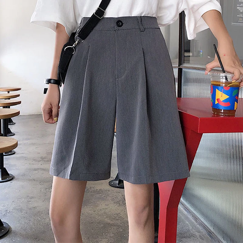 Knee Length Shorts Women Summer Solid Color Elegant Leisure Loose Shorts Trendy Classic Wide Leg Chic Korean Ladies Pockets