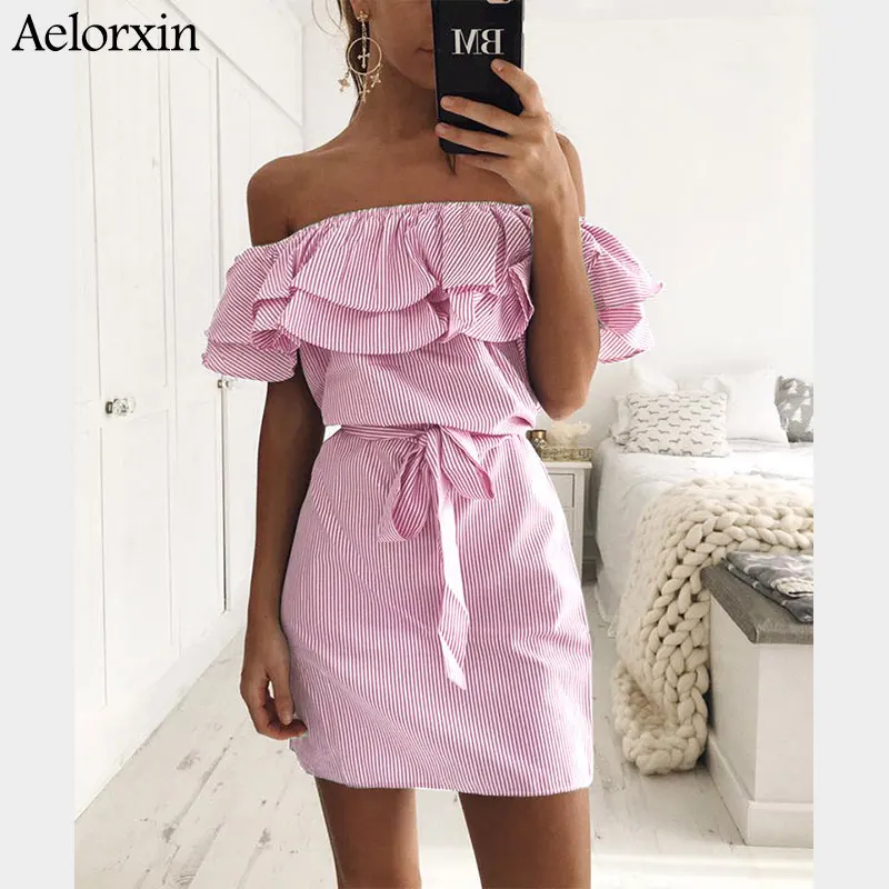 Aelorxin 2019 женское летнее платье с открытыми плечами и рюшами сексуальное мини в