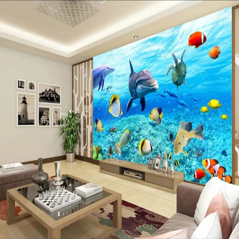 3D морской мир Дельфин настенная бумага роспись творческое Искусство Настенная