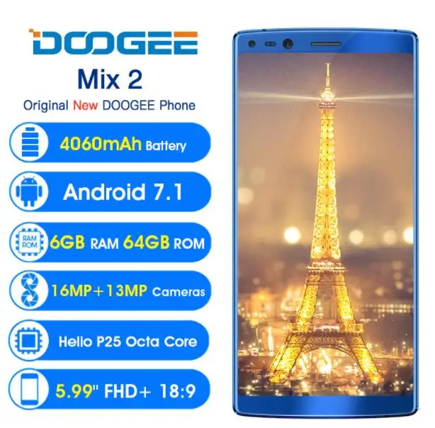 DOOGEE Mix 2 6GB 64GB 4G LTE Helio P25 Octa Core Mobile Phone 5.99 Inch 16MP+8MP Four Camera Android 7.1 Fingerprint SmartPhone | Мобильные
